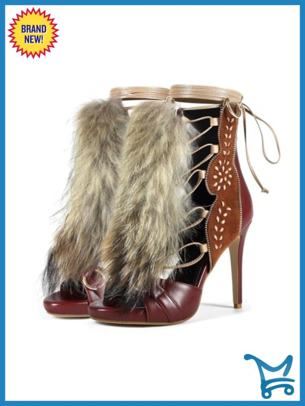 Stiletto Ankle High Heeled Sandal Bootie, Suede Furry Fur Fluffy Plush
